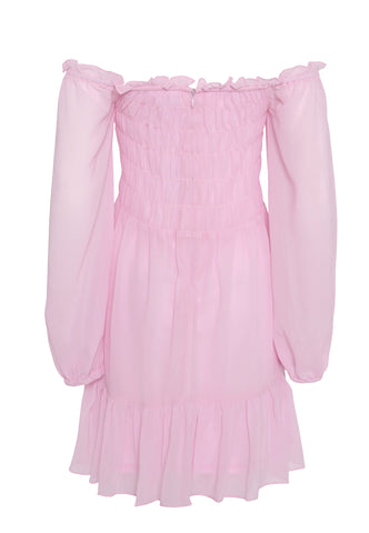 Glamorous Light Pink Long Sleeve Bardot Mini dress with Smocked Bodice and Tiered Skirt
