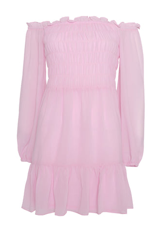 Glamorous Light Pink Long Sleeve Bardot Mini dress with Smocked Bodice and Tiered Skirt