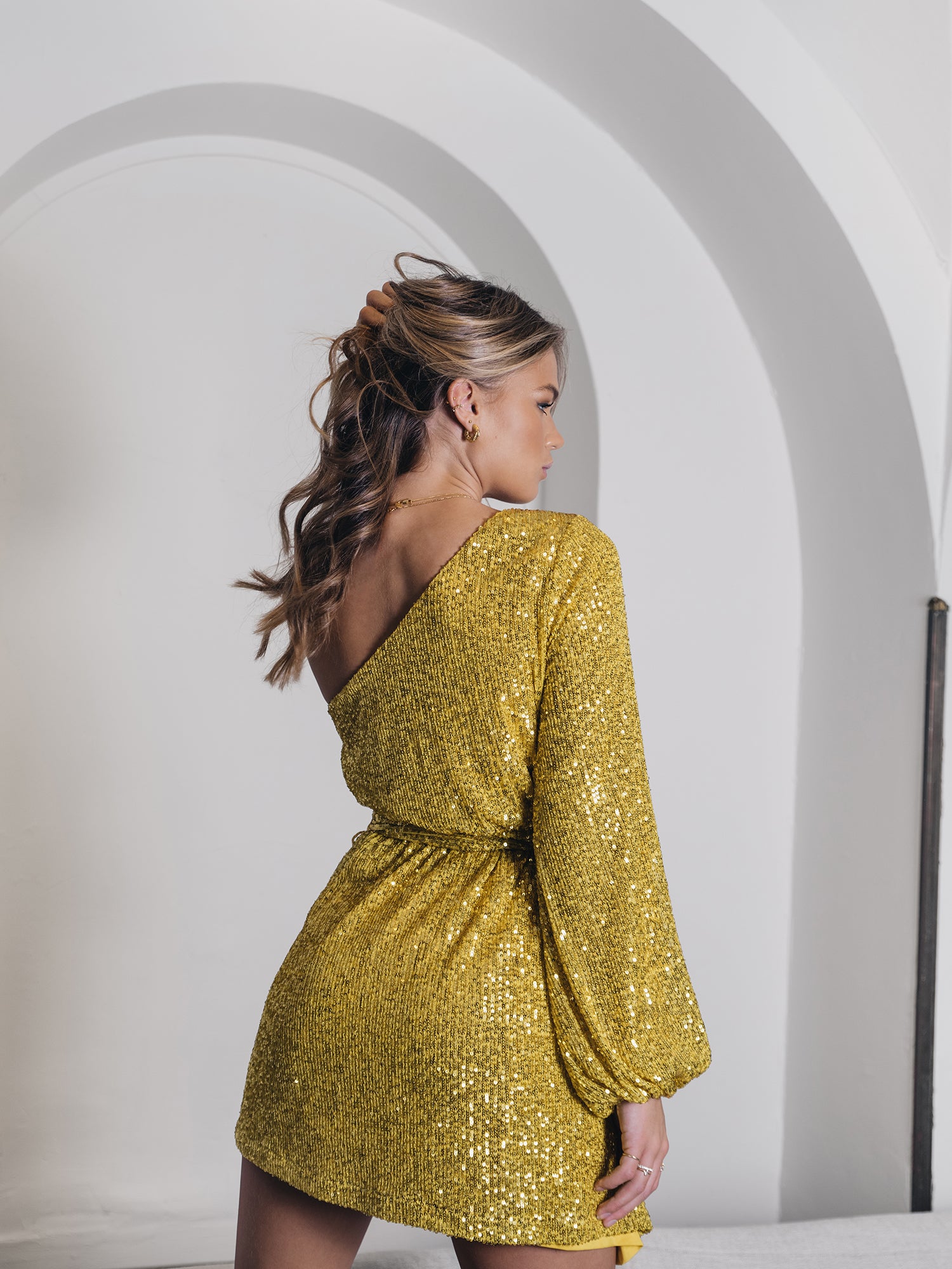 Glamorous Gold Sequin One Sleeve Mini Dress
