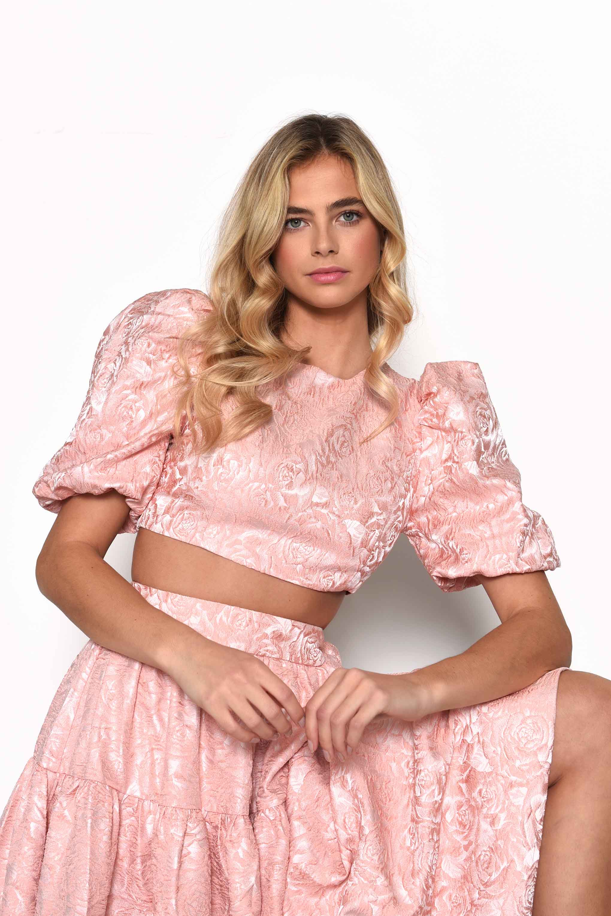 Glamorous Light Coral Jacquard Puff Sleeve Crop Top with Lace up Back