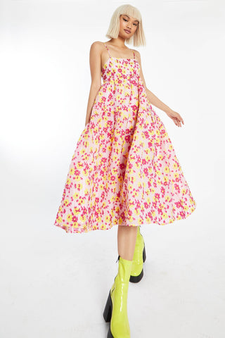 Pink-Yellow Organza Empire-Line Tie-Back Loose-Fit Smock Midi-dress