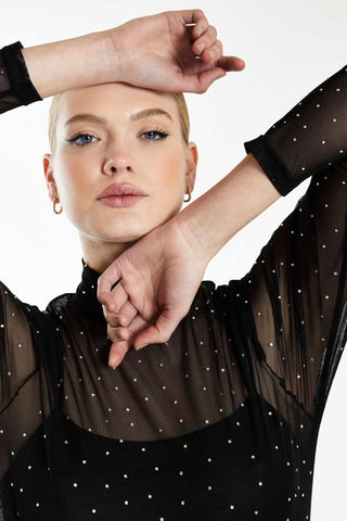 Glamorous Collection Black Diamante Mesh Long Sleeve Midi Dress