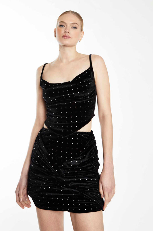 Glamorous Collection Black Diamante Velvet  Mini Skirt with Twist Front Detail