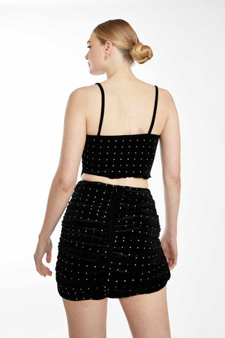 Glamorous Collection Black Diamante Velvet  Mini Skirt with Twist Front Detail