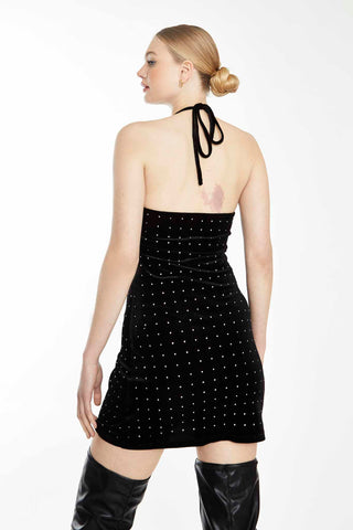 Glamorous Collection Black Diamante Velvet Halter Neck Mini Dress with Cut-out detail