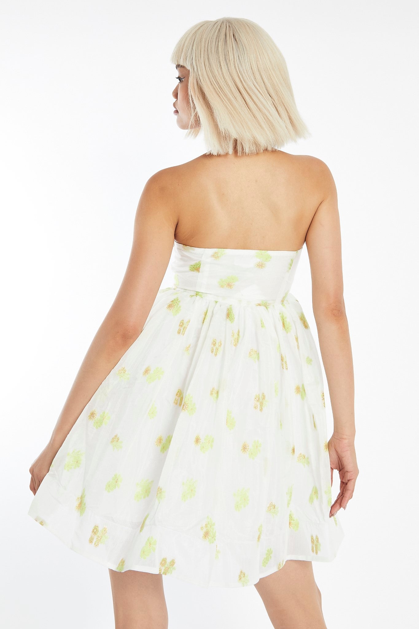 Lime-Gold Floral Organza Empire-Line Puff Skirt Mini-dress