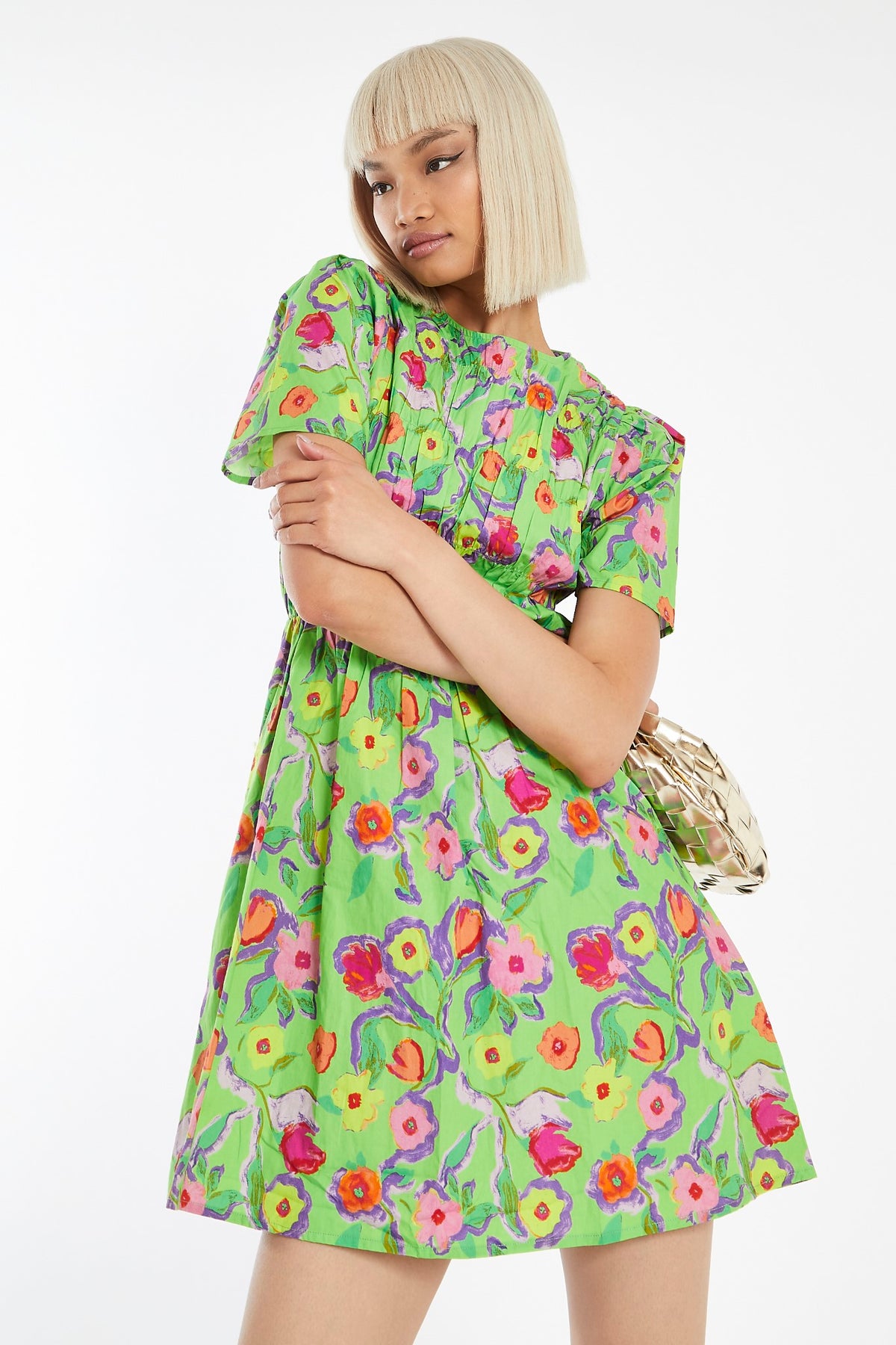 Neon-Green Floral Short Sleeve Smocked Mini-dress
