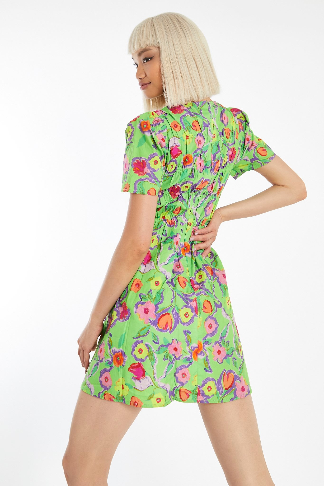 Neon-Green Floral Short Sleeve Smocked Mini-dress