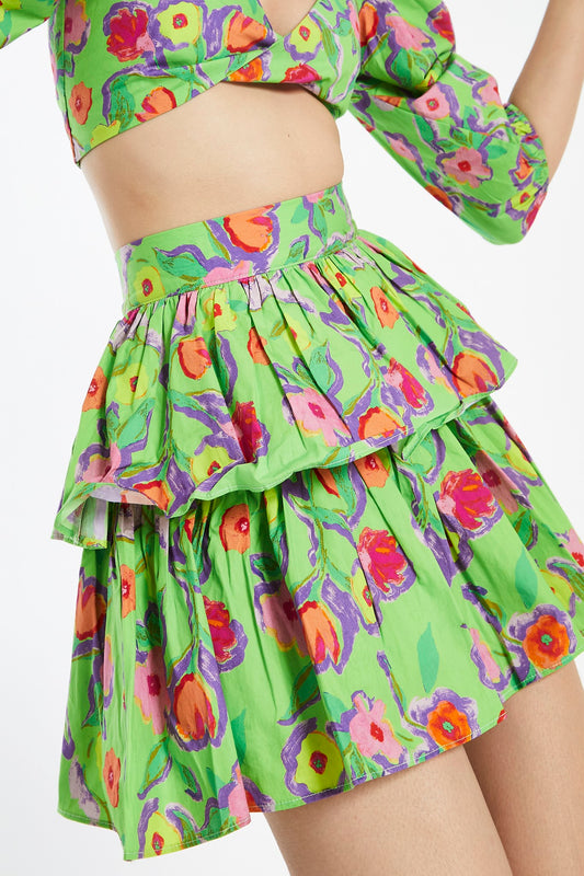 Neon-Green Floral Tiered Ruffle Mini-skirt
