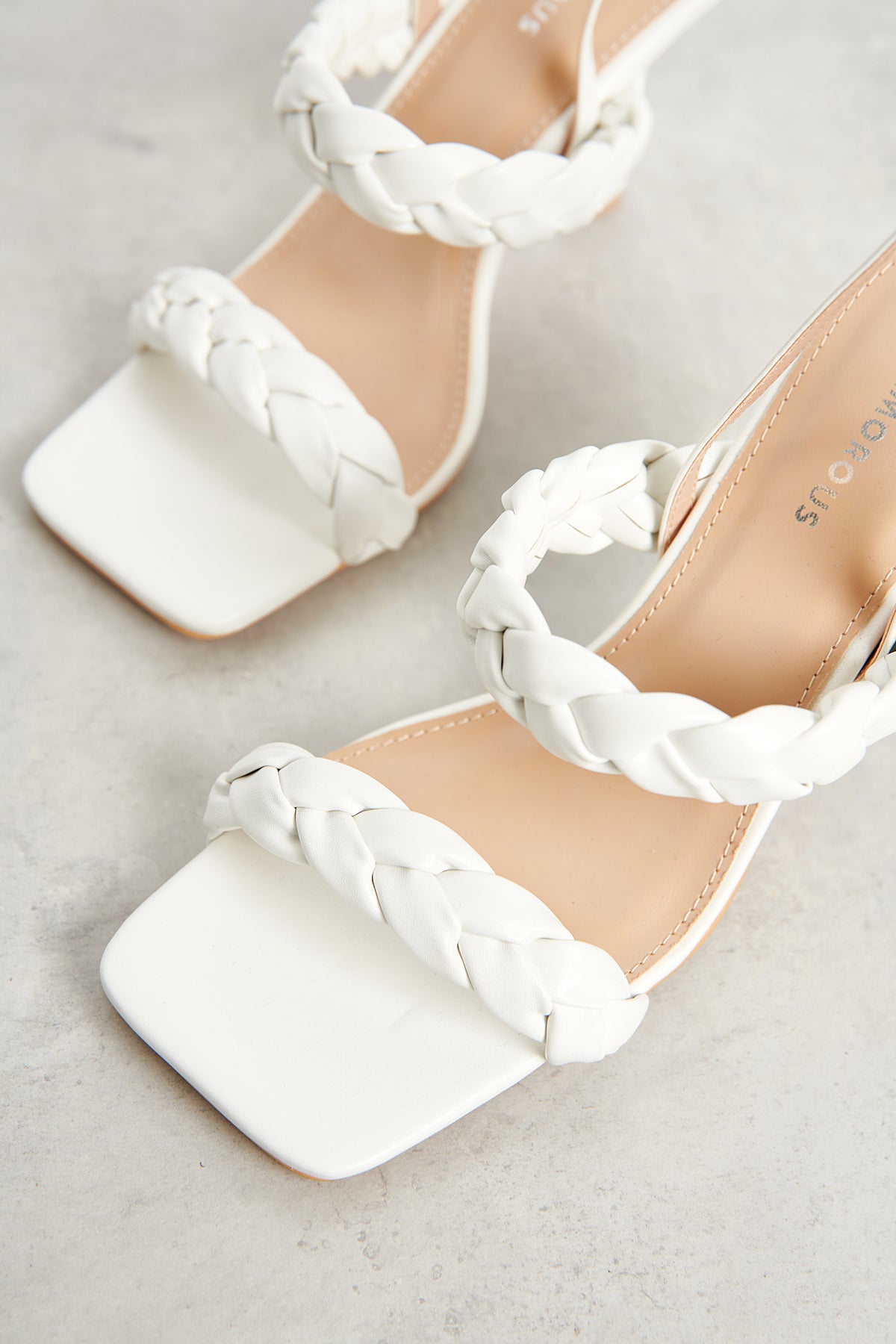 Glamorous White Woven Detail Square Toe Heels