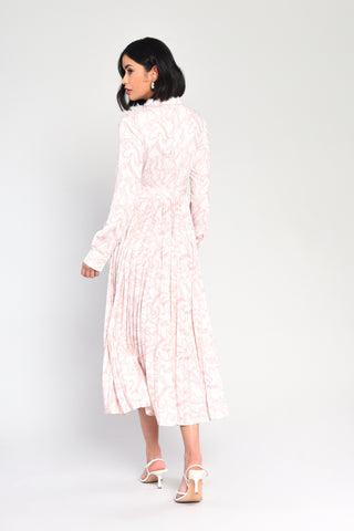 Glamorous Nude Abstract Print Belted Pleated Midi Dress