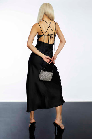 Glamorous Black Tie Back Bias Cut Midi Dress
