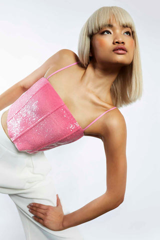 Glamorous Studio Barbie Pink Sequin Square Neck Corset Top