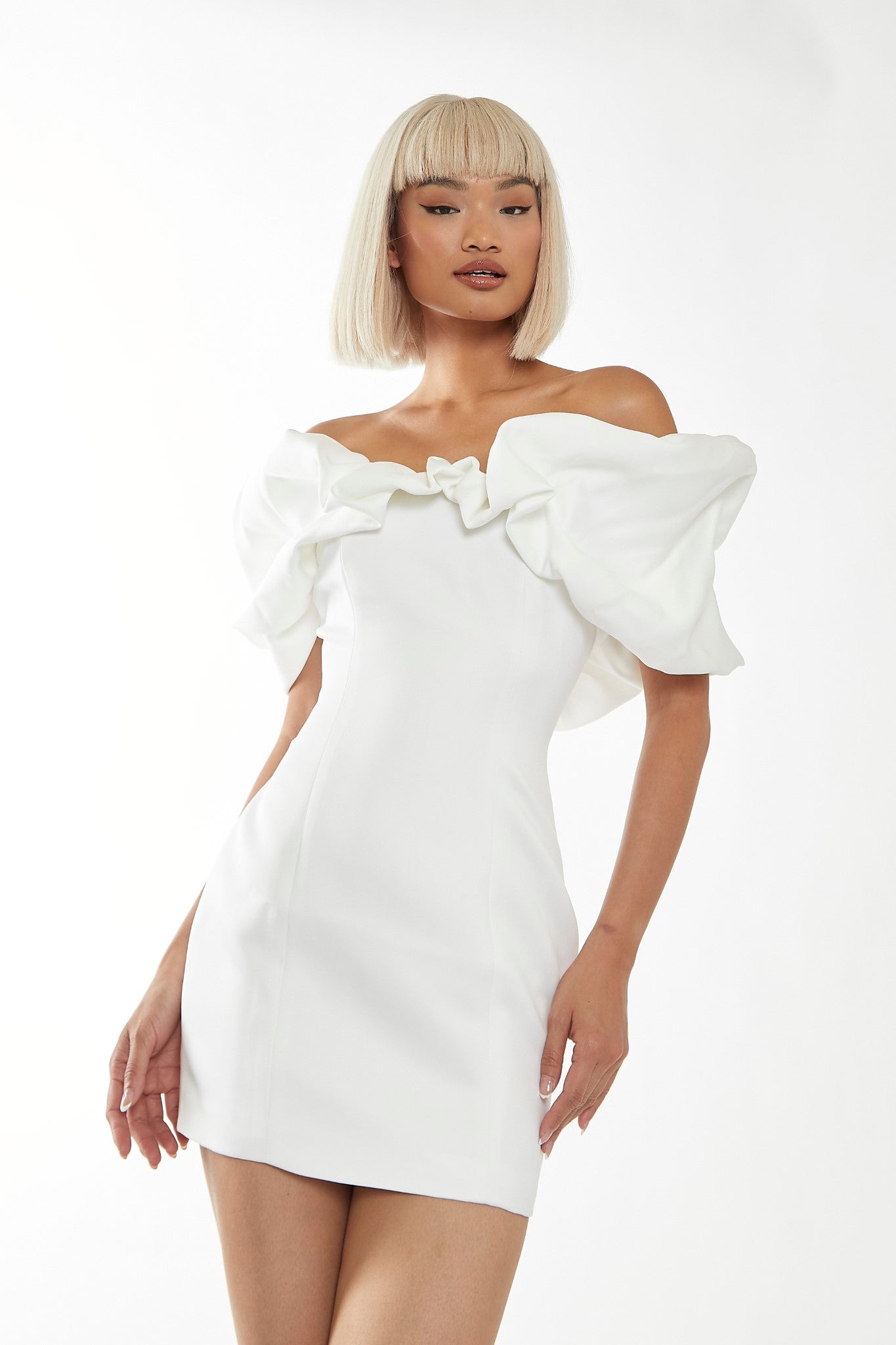 White Statement Puff Bardot Mini-Dress