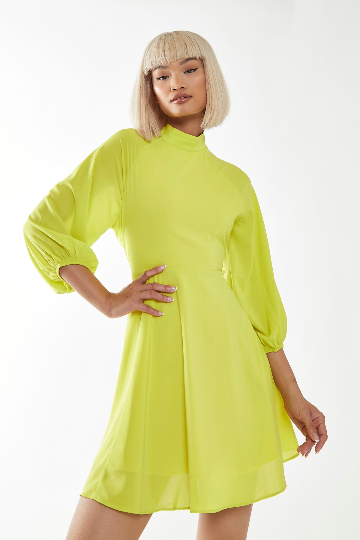 Acid-Yellow High Neck Open Back Mini-Dress Acid-Yellow High Neck Open Back Mini-Dress