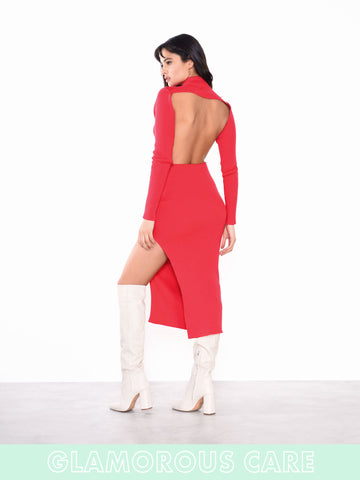 Glamorous Care Poppy Red High Neck Side Split Backless Midi Dress