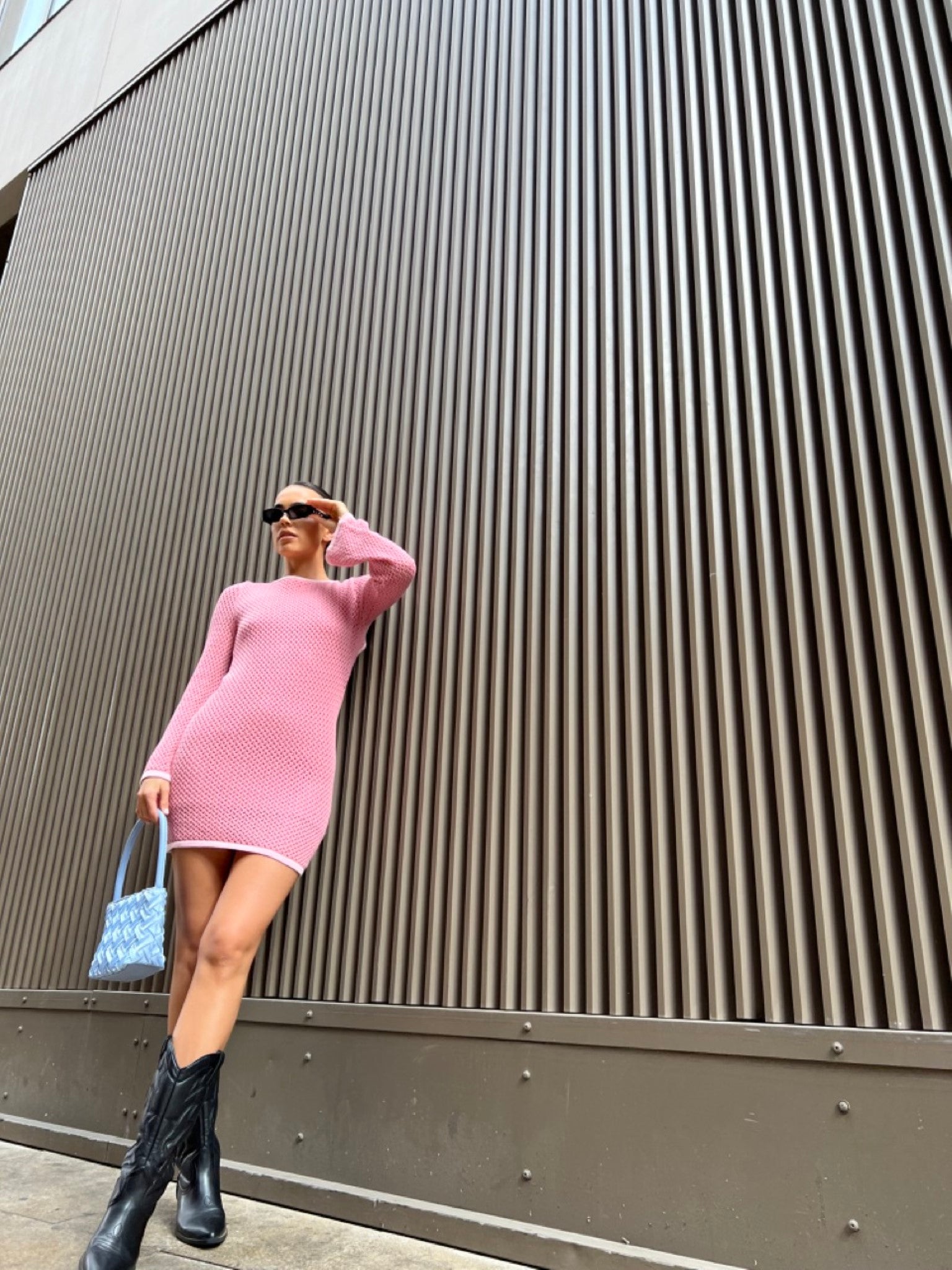 Pink-Light-Pink Knit Open-Back Mini-Dress