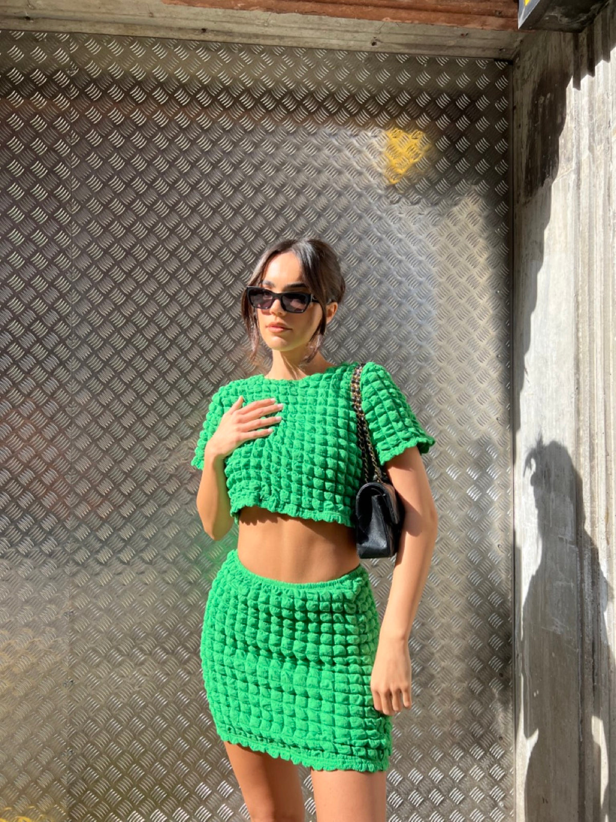Textured Green Mini Skirt