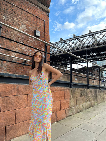 Rainbow Swirl Asymmetric Hanky Hem Midi-dress