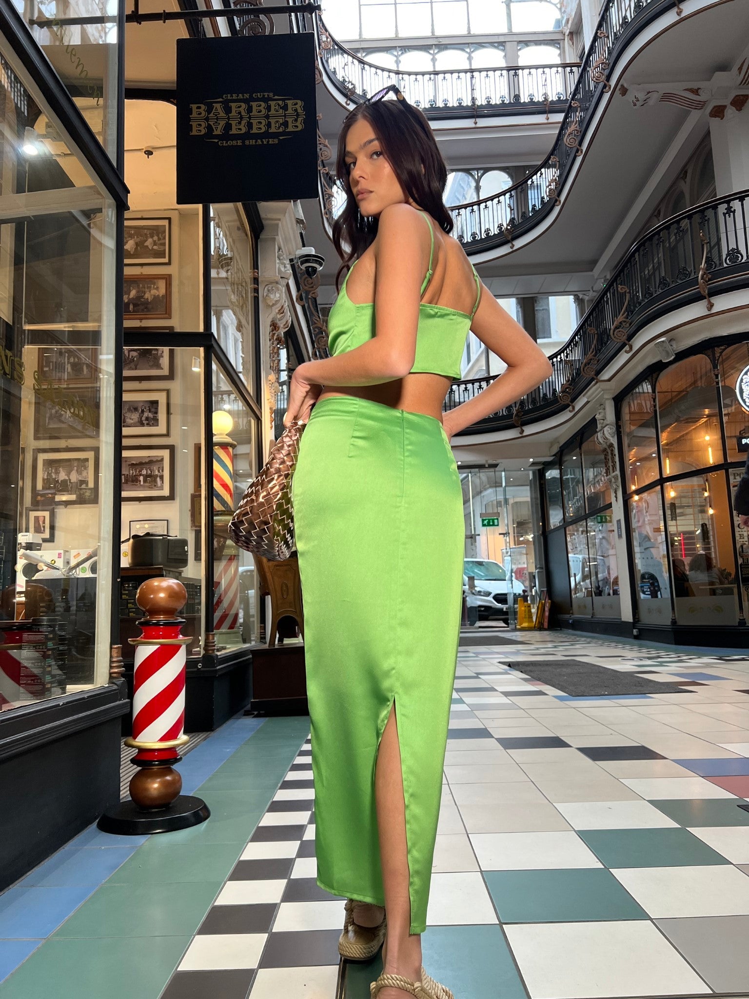 Apple-Green Satin Ruched Midi-skirt