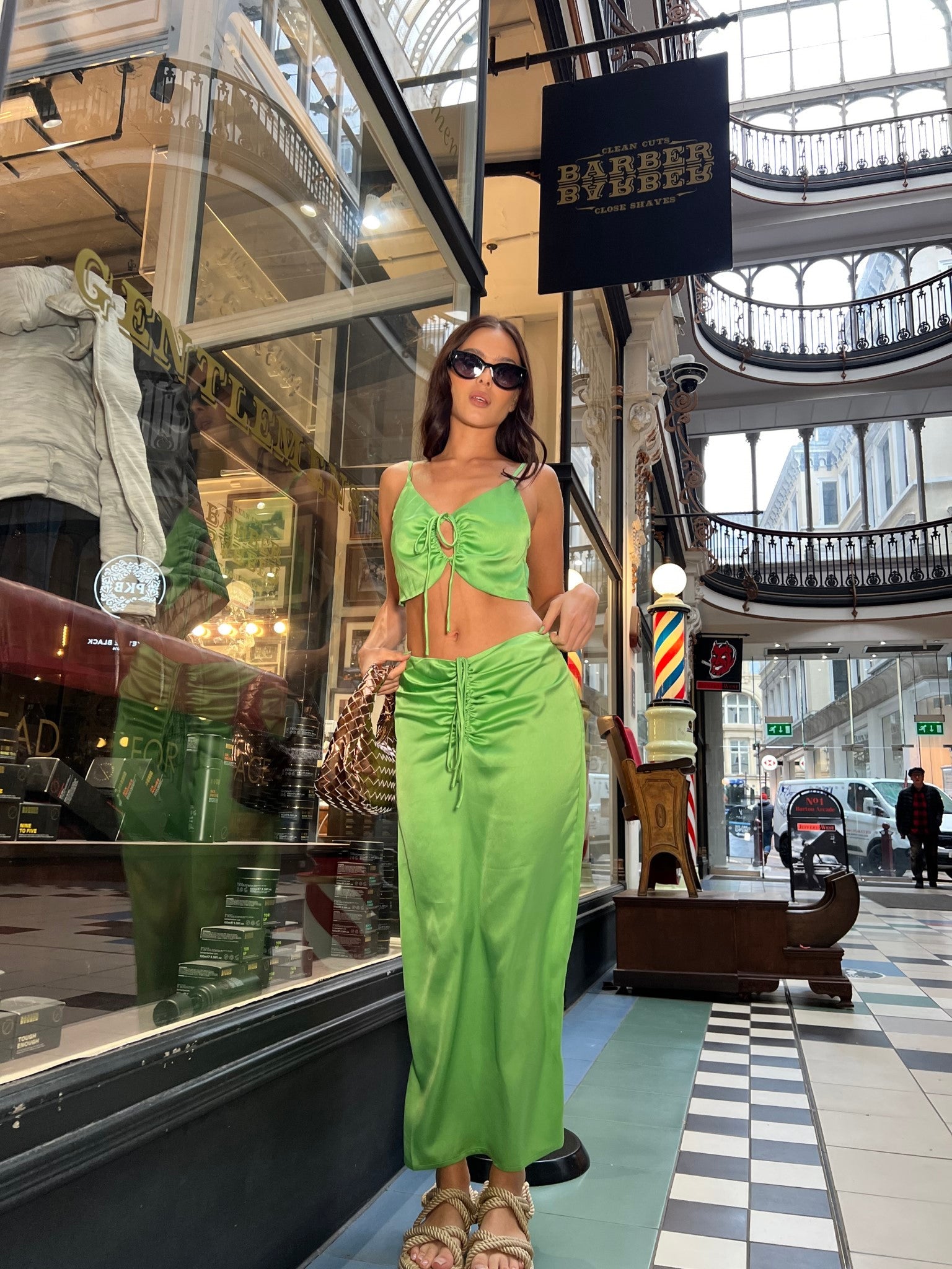 Apple-Green Satin Ruched Keyhole Crop-top