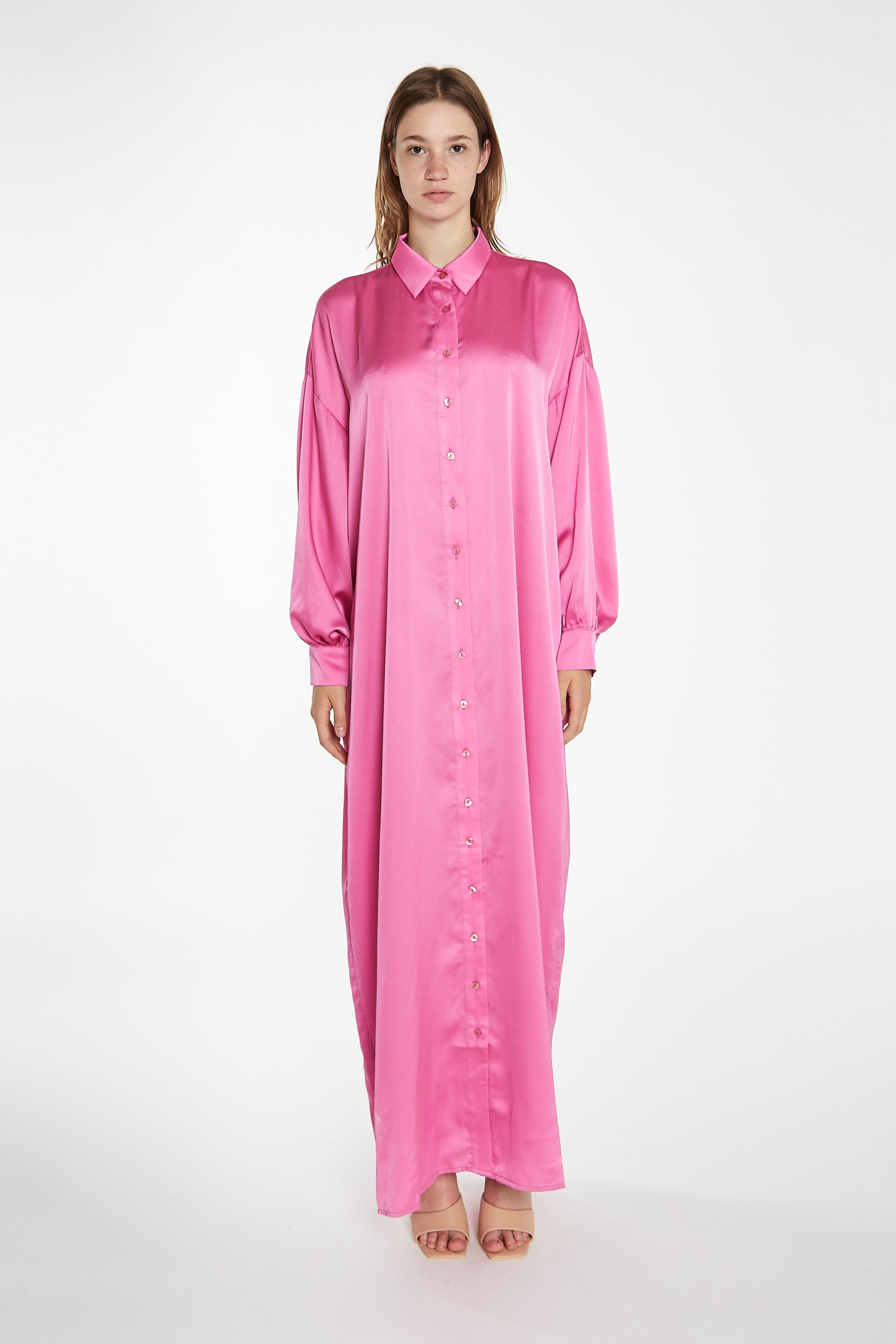 Pink Satin Oversized Maxi Shirt Dress
