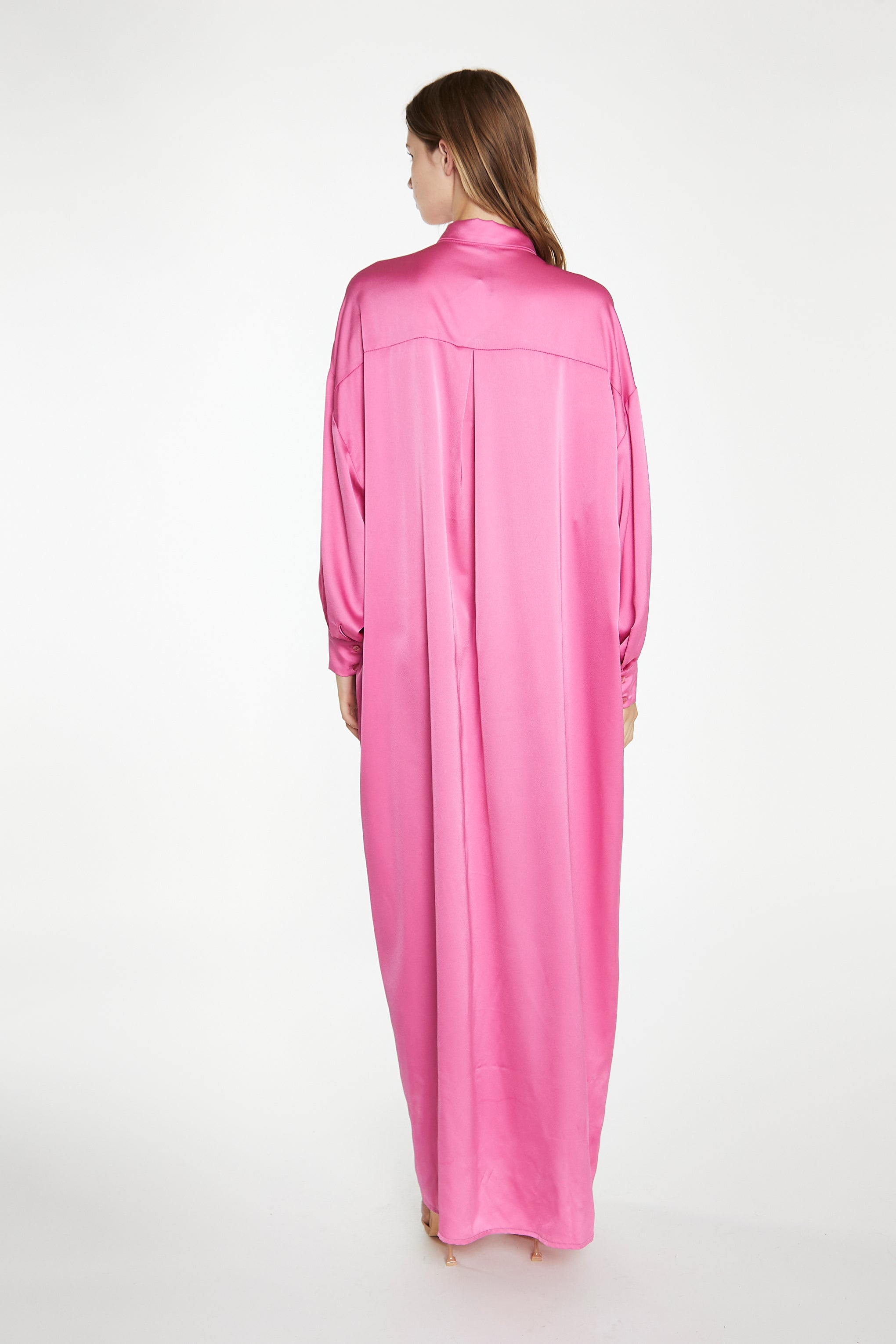Pink Satin Oversized Maxi Shirt Dress