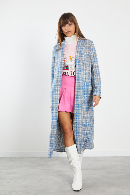 Glamorous Blue Grey Check Longline Coat with Front Pockets