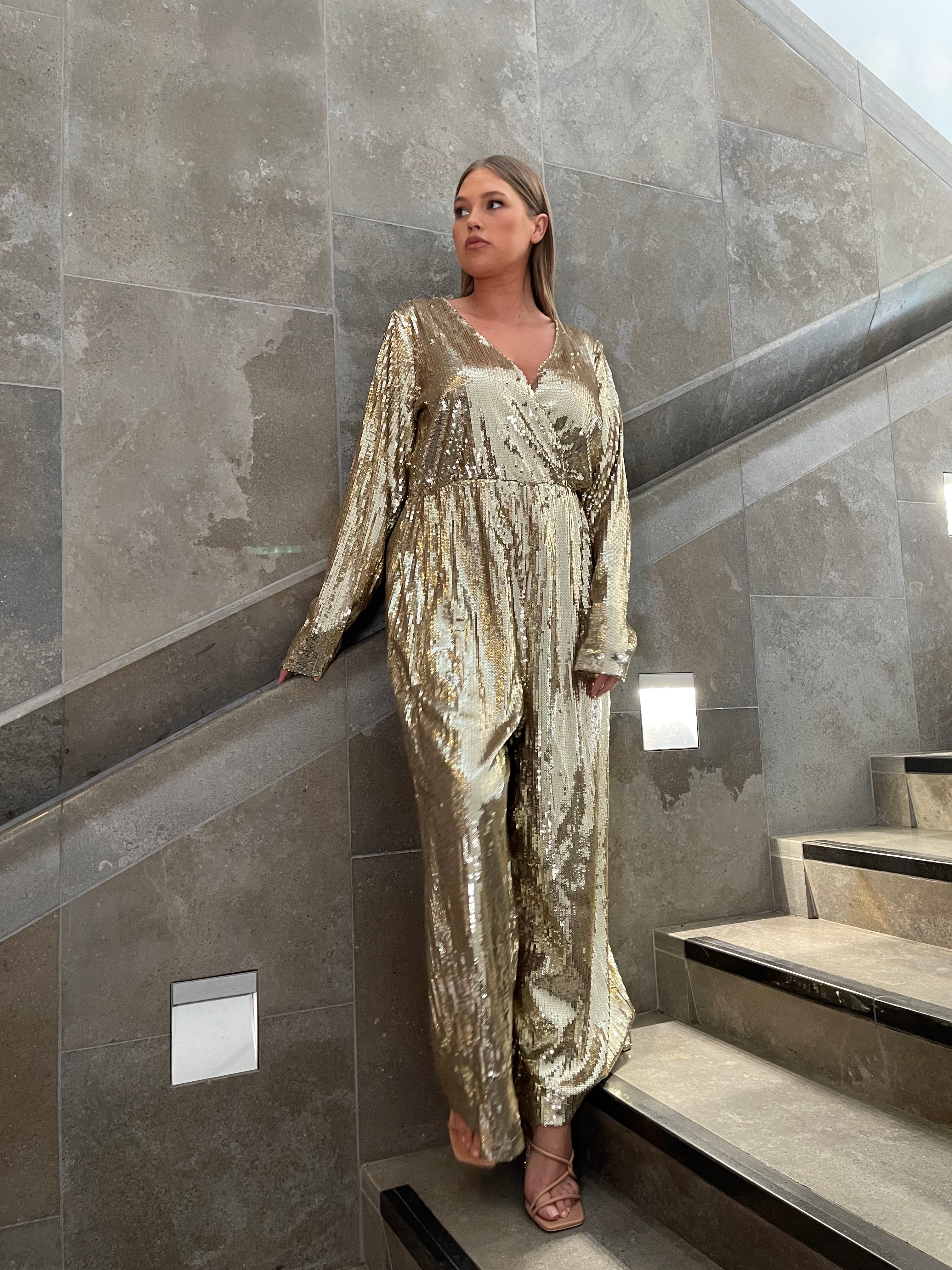 Glamorous Curve Gold Sequin Jumpsuit