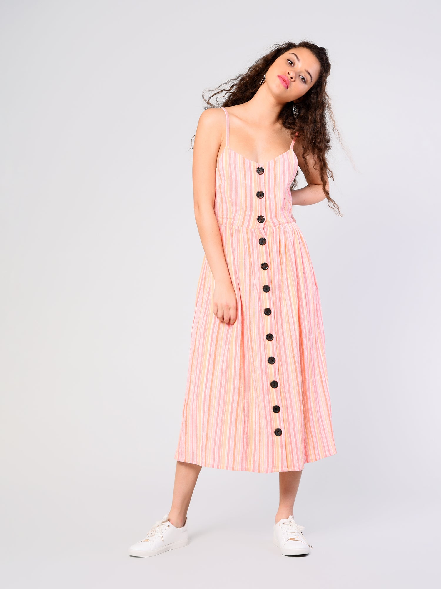 Glamorous Pink Peach Stripe Button Front Midi Dress