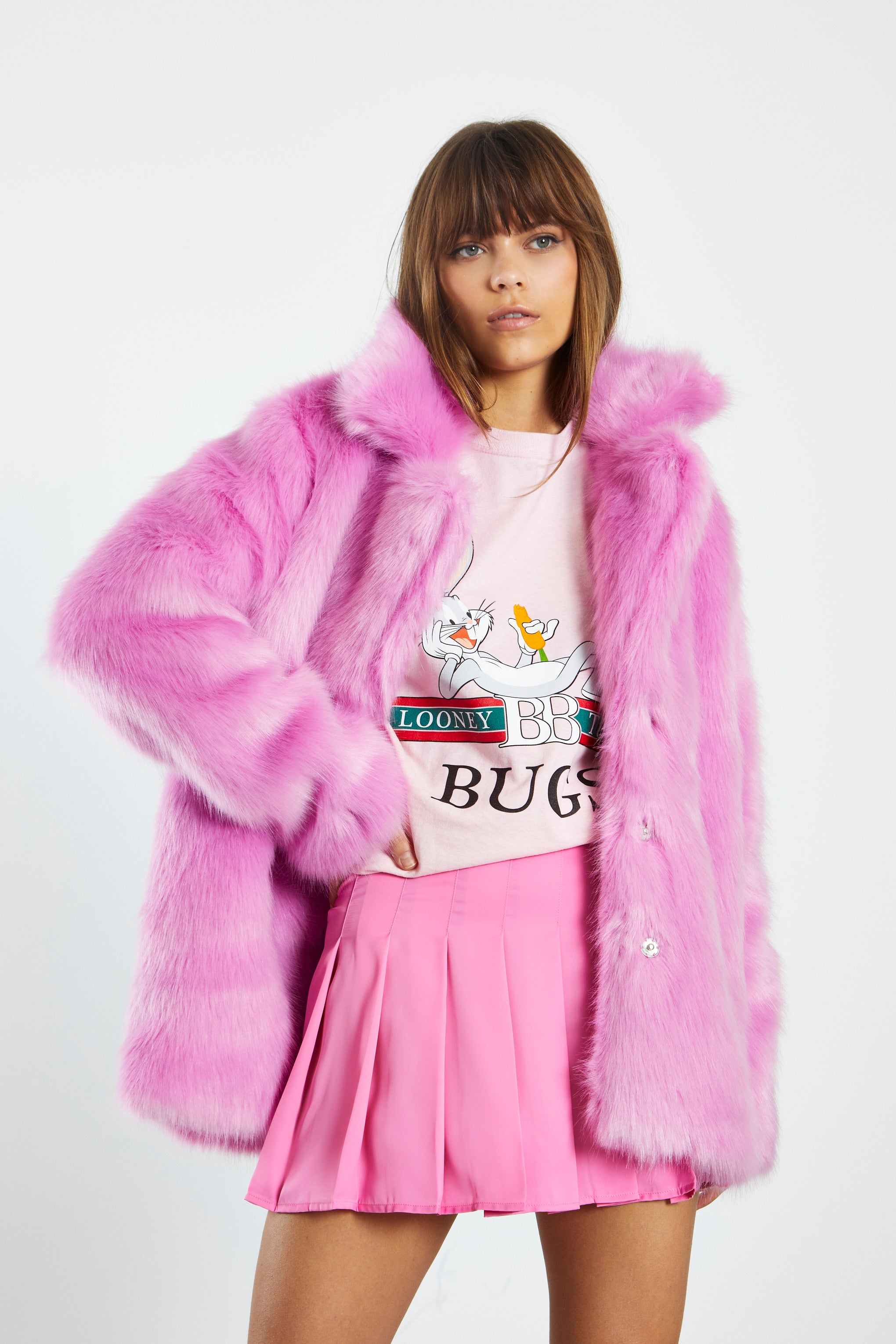 Glamorous Hot Pink Faux Fur Coat with Lapel Collar