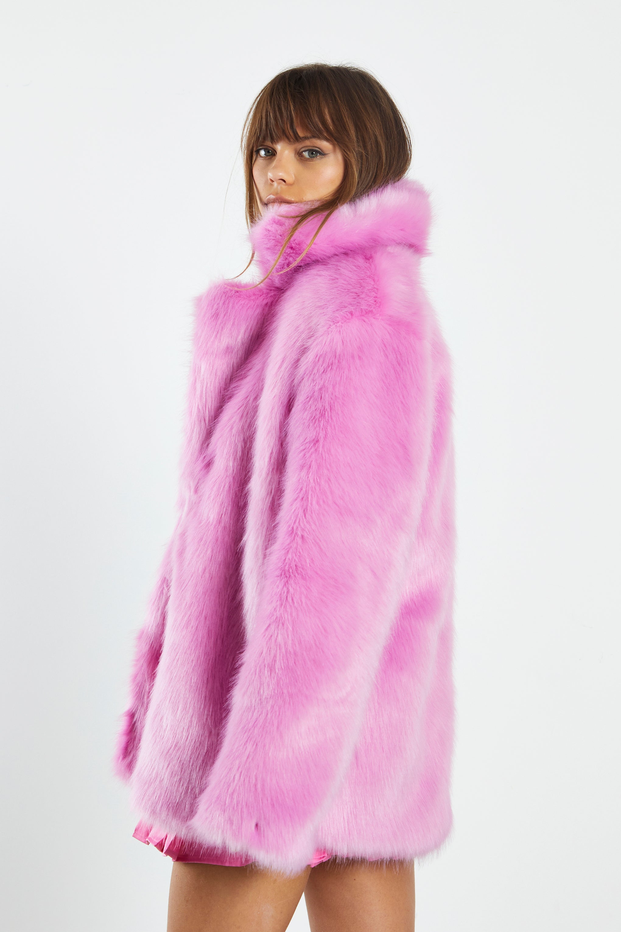 Glamorous Hot Pink Faux Fur Coat with Lapel Collar Glamorous