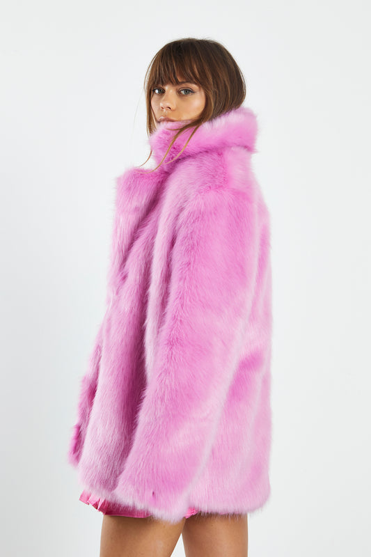Glamorous Hot Pink Faux Fur Coat with Lapel Collar