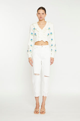 Off White High Waist Distressed Straight Leg Jeans
