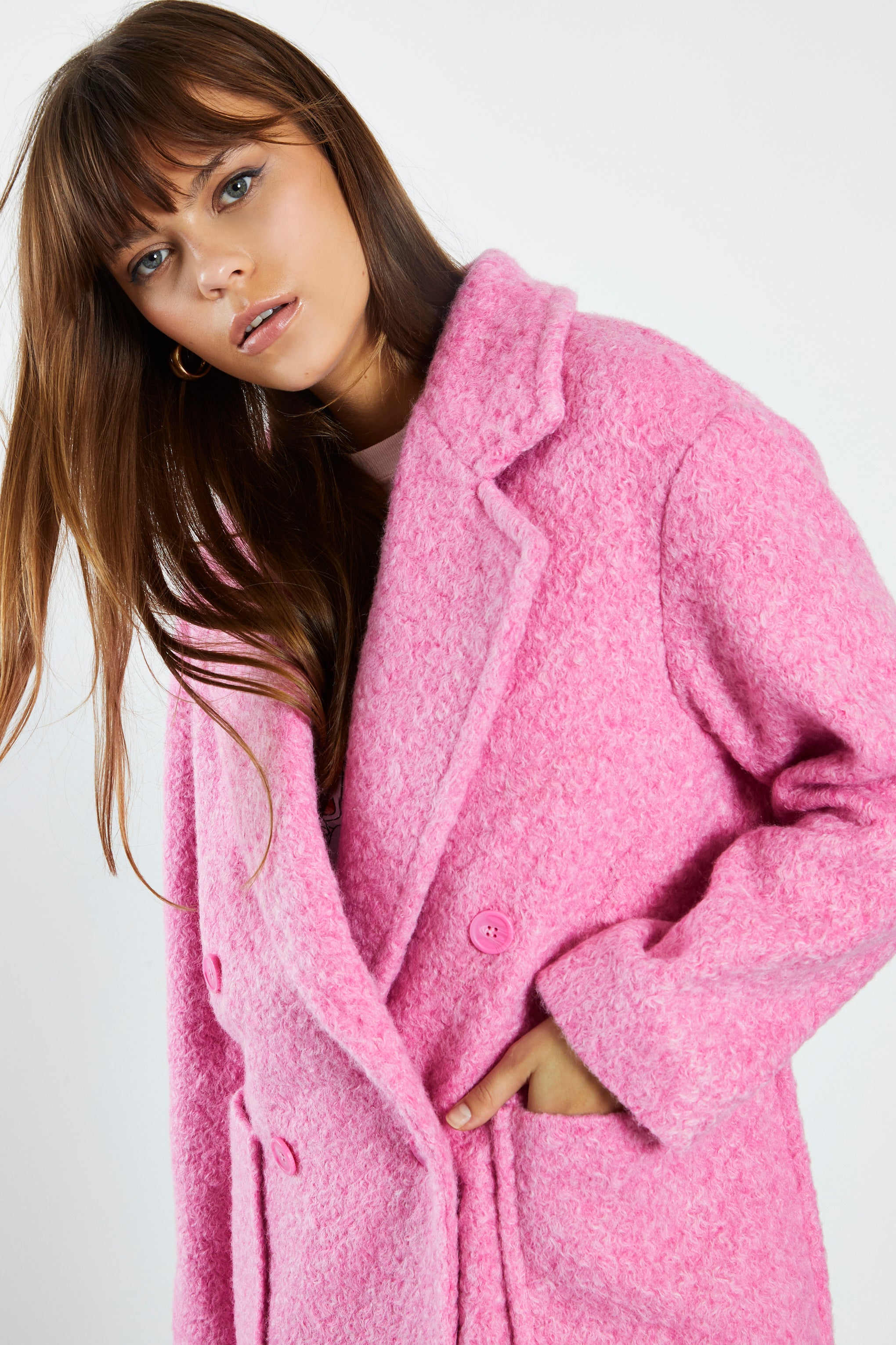 Glamorous Bright Pink Marl Midi Coat with Lapel Collar