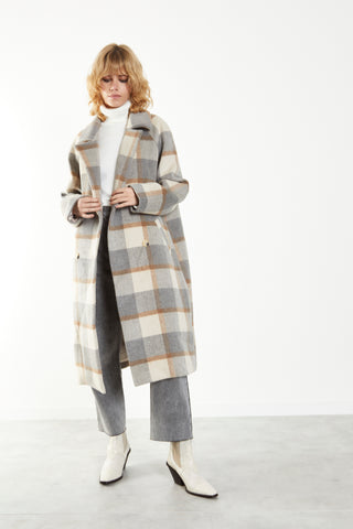 Glamorous Grey Cream Check Double Breasted Midi Coat with Lapel Collar