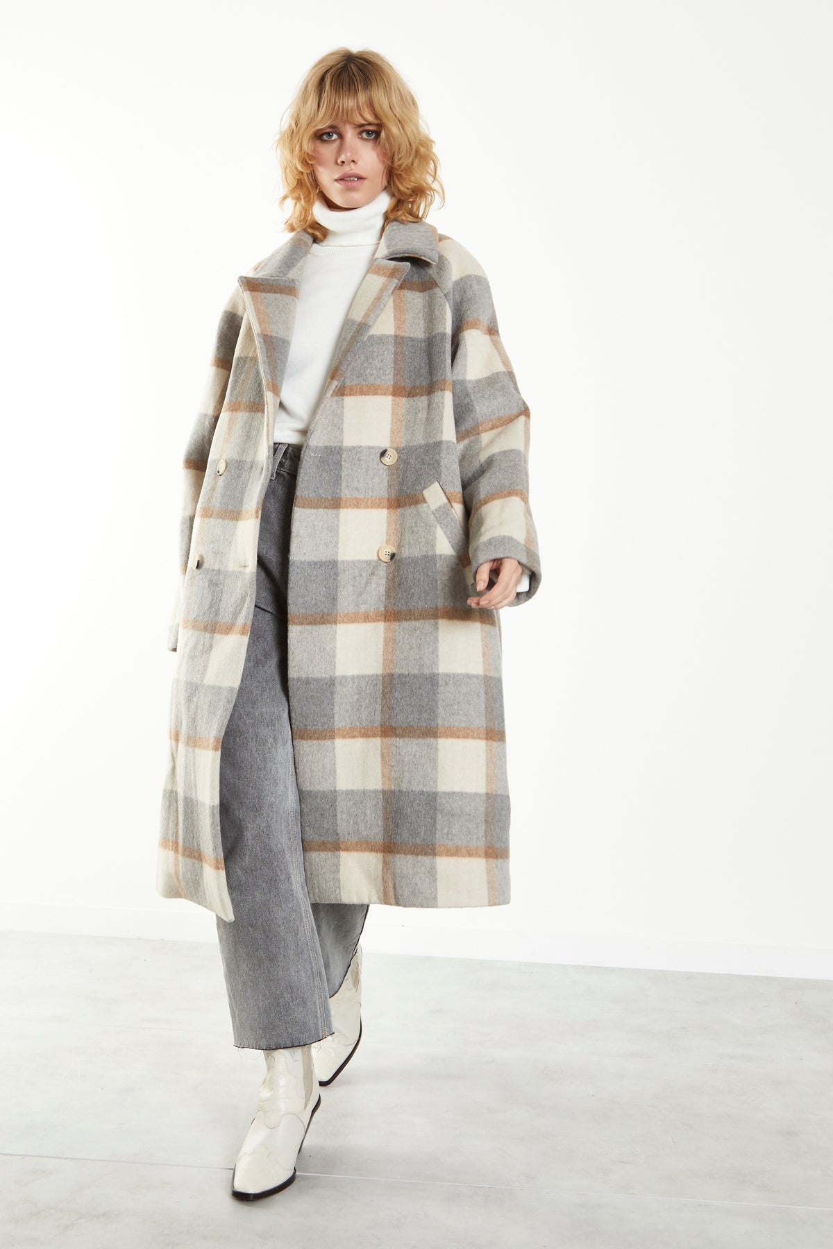 Glamorous Grey Cream Check Double Breasted Midi Coat with Lapel Collar