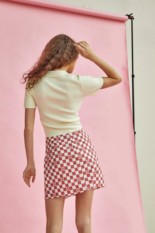 Glamorous Rose Checkerboard Flower High-Waisted Mini Skirt with front Side Split