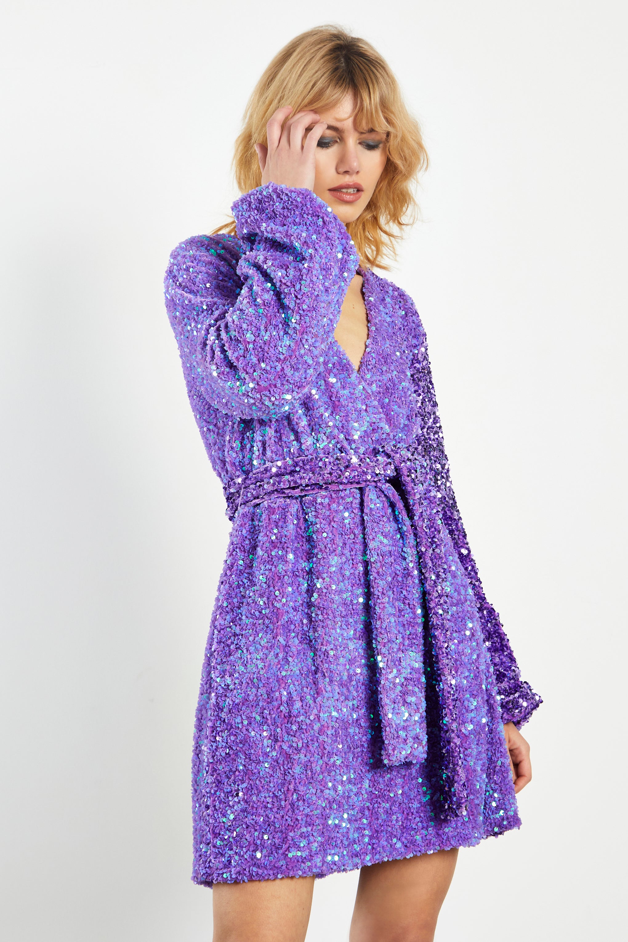 Glamorous Purple Sequin Tie Waist Wrap Mini Dress Glamorous Purple Sequin Tie Waist Wrap Mini Dress