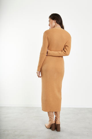 Glamorous Caramel Knitted Skinny Fit Midi Dress with Long Sleeves & V Neck