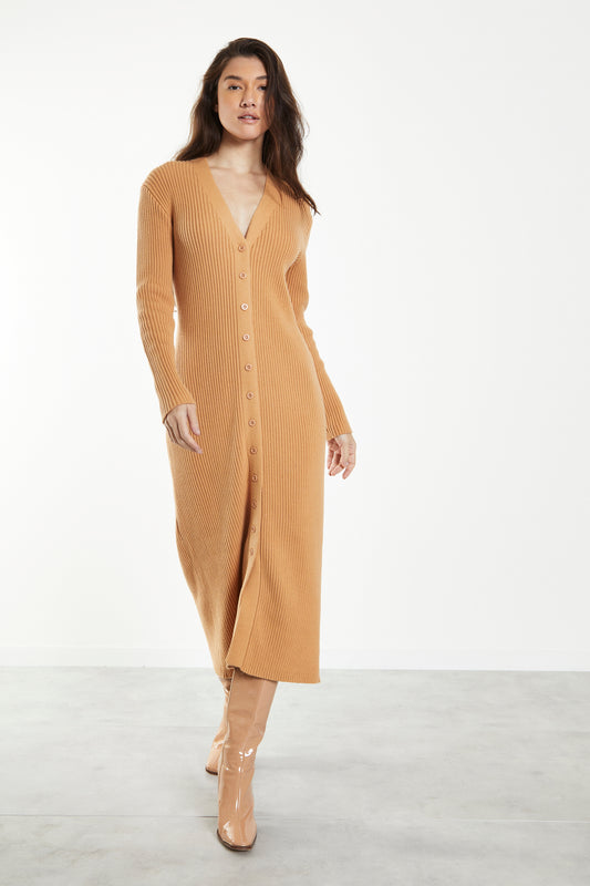 Glamorous Caramel Knitted Skinny Fit Midi Dress with Long Sleeves & V Neck