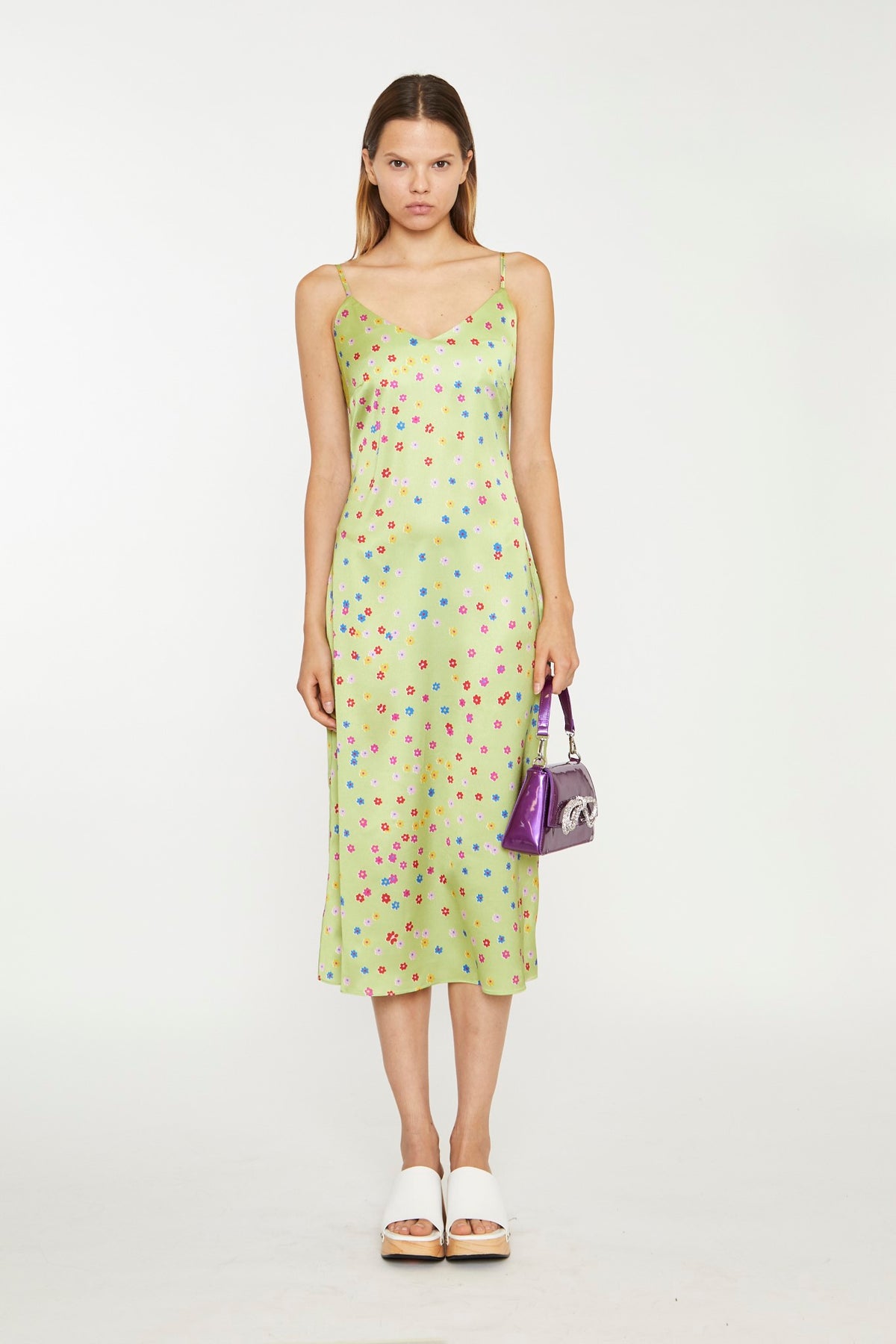 Lime-Multi Daisy Bias-Cut Slip Midi-Dress