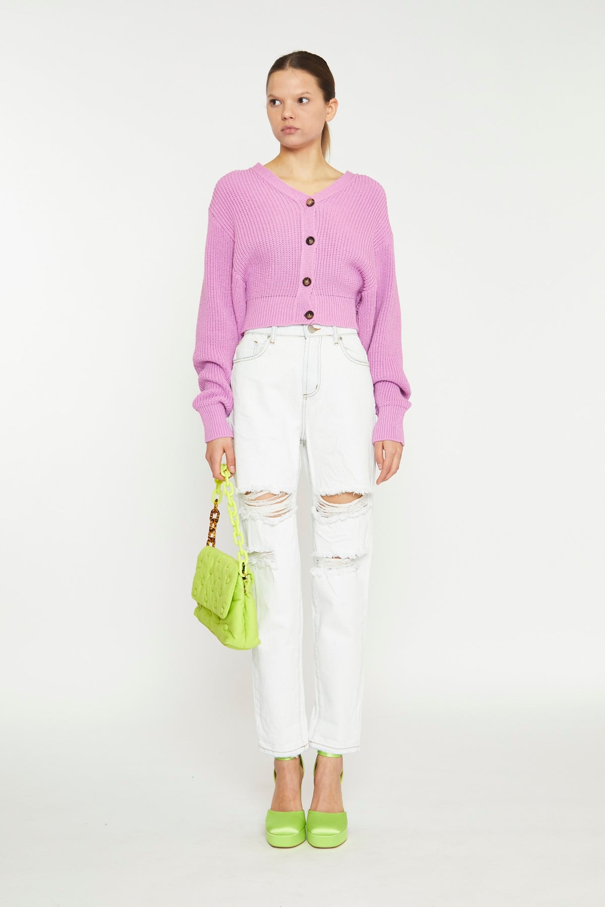 Orchid Pink Button Front Cropped Cardigan
