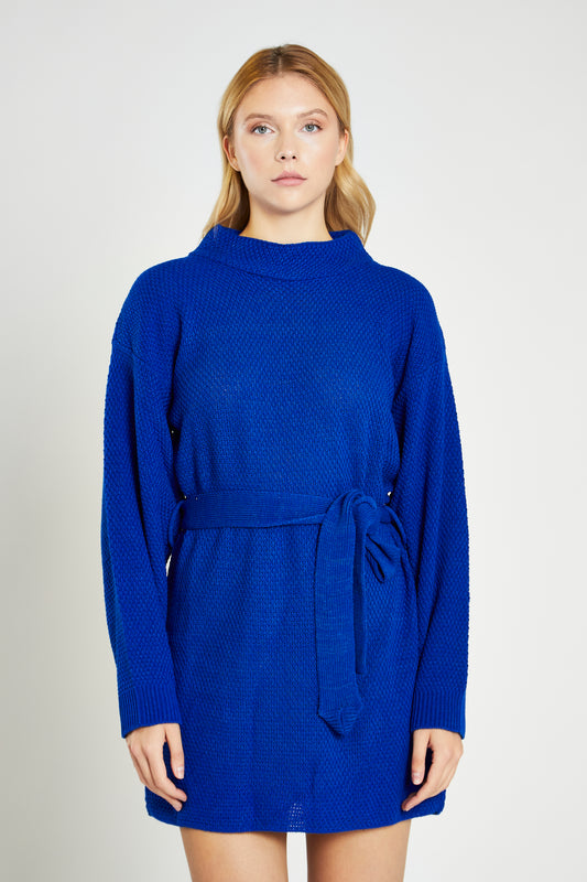 Glamorous Royal Blue Knitted Mini Dress with Tie Belt