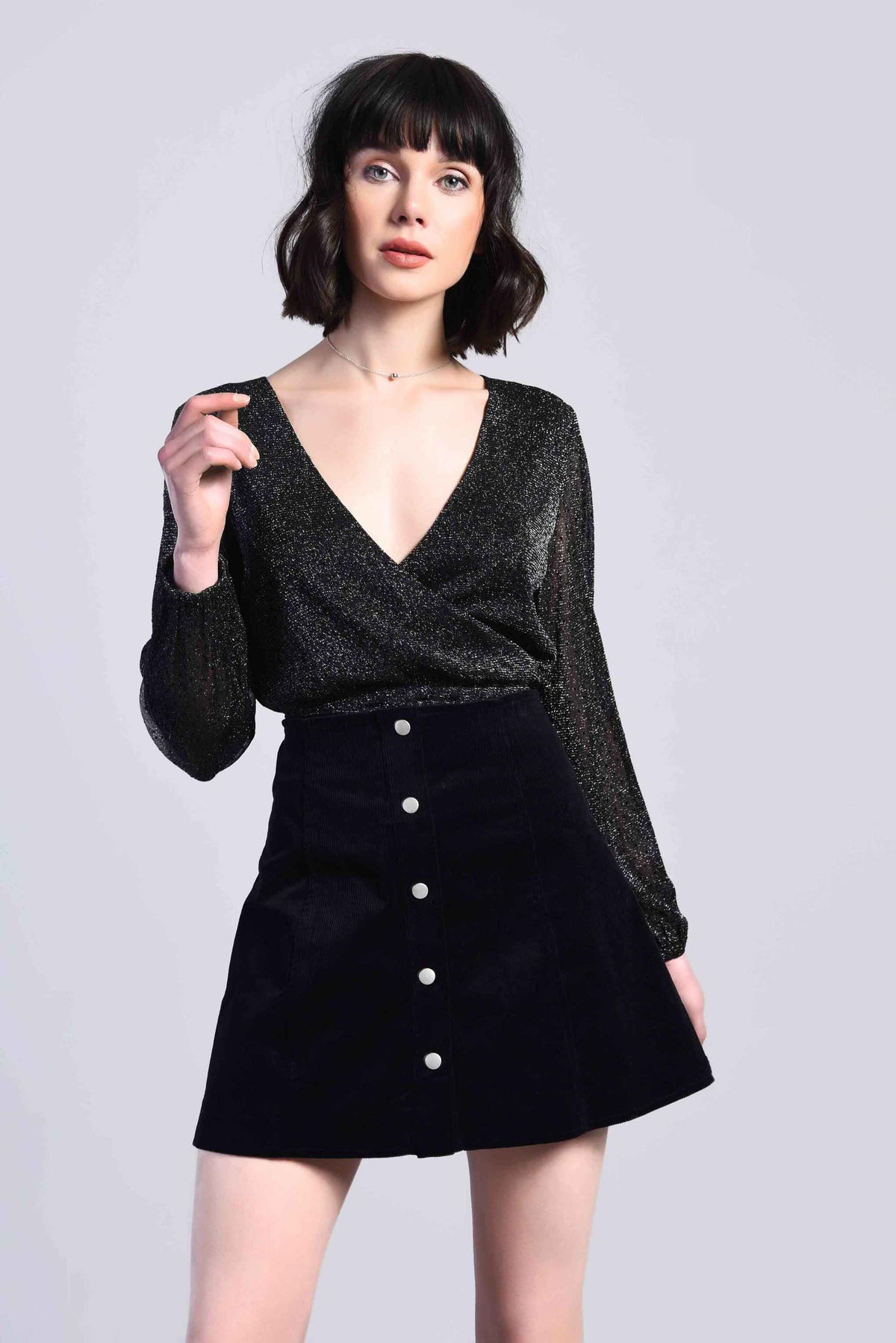 Glamorous Black Glitter Spot Mesh Wrap Bodysuit with Long Puff Sleeves