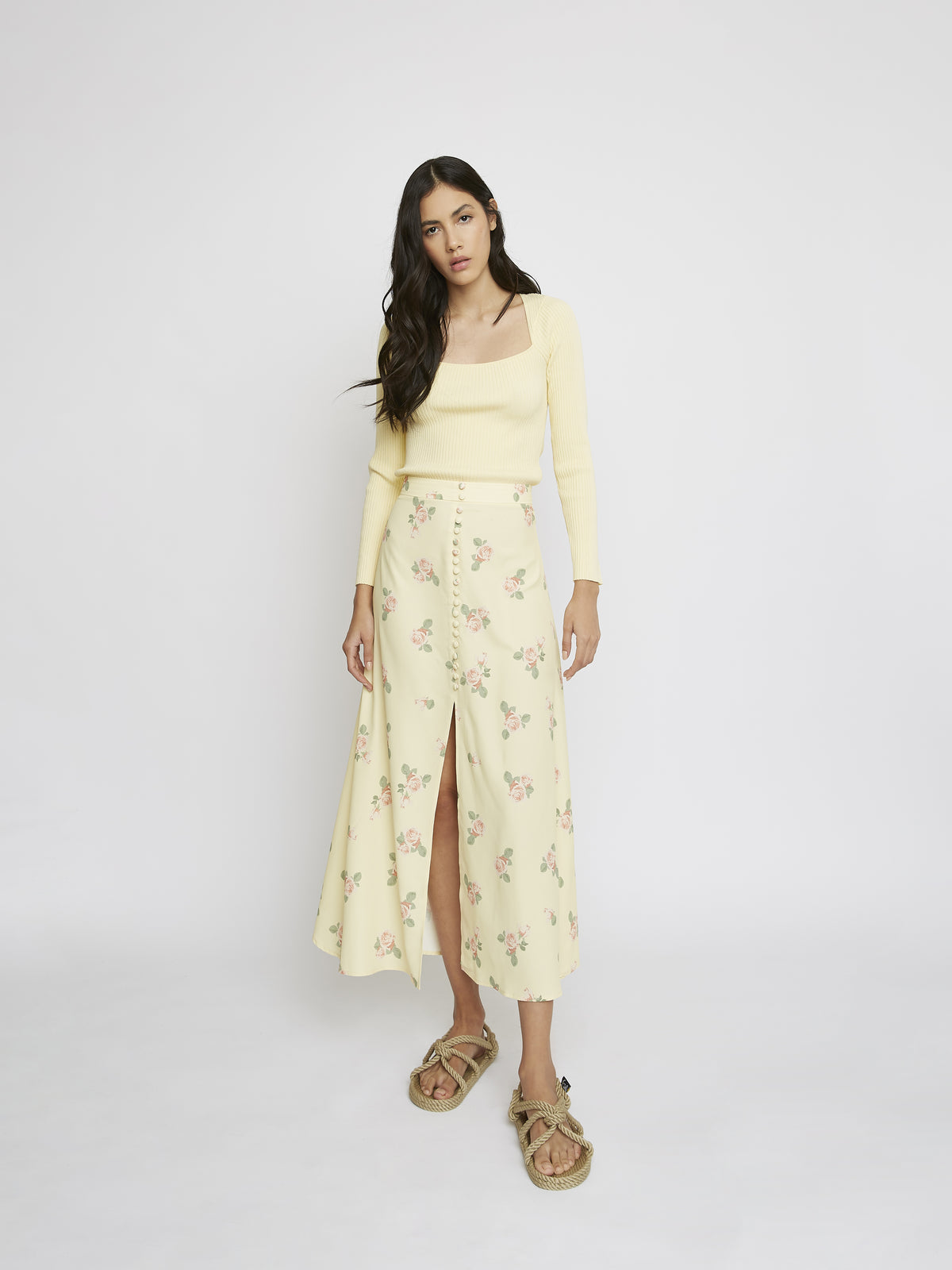 Yellow Floral Button Up Midi Skirt