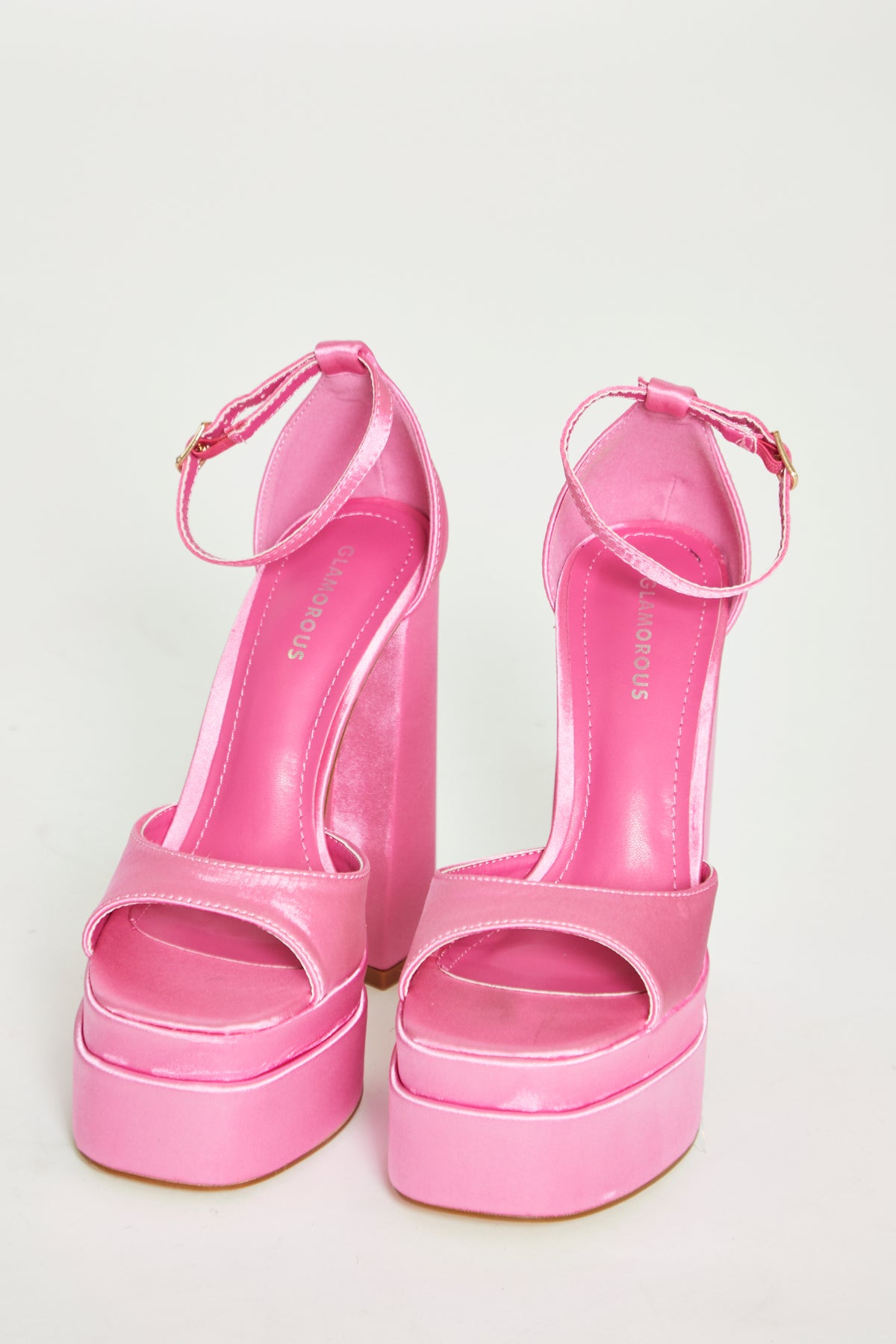 Glamorous Pink Satin Open Toe Platform Heels