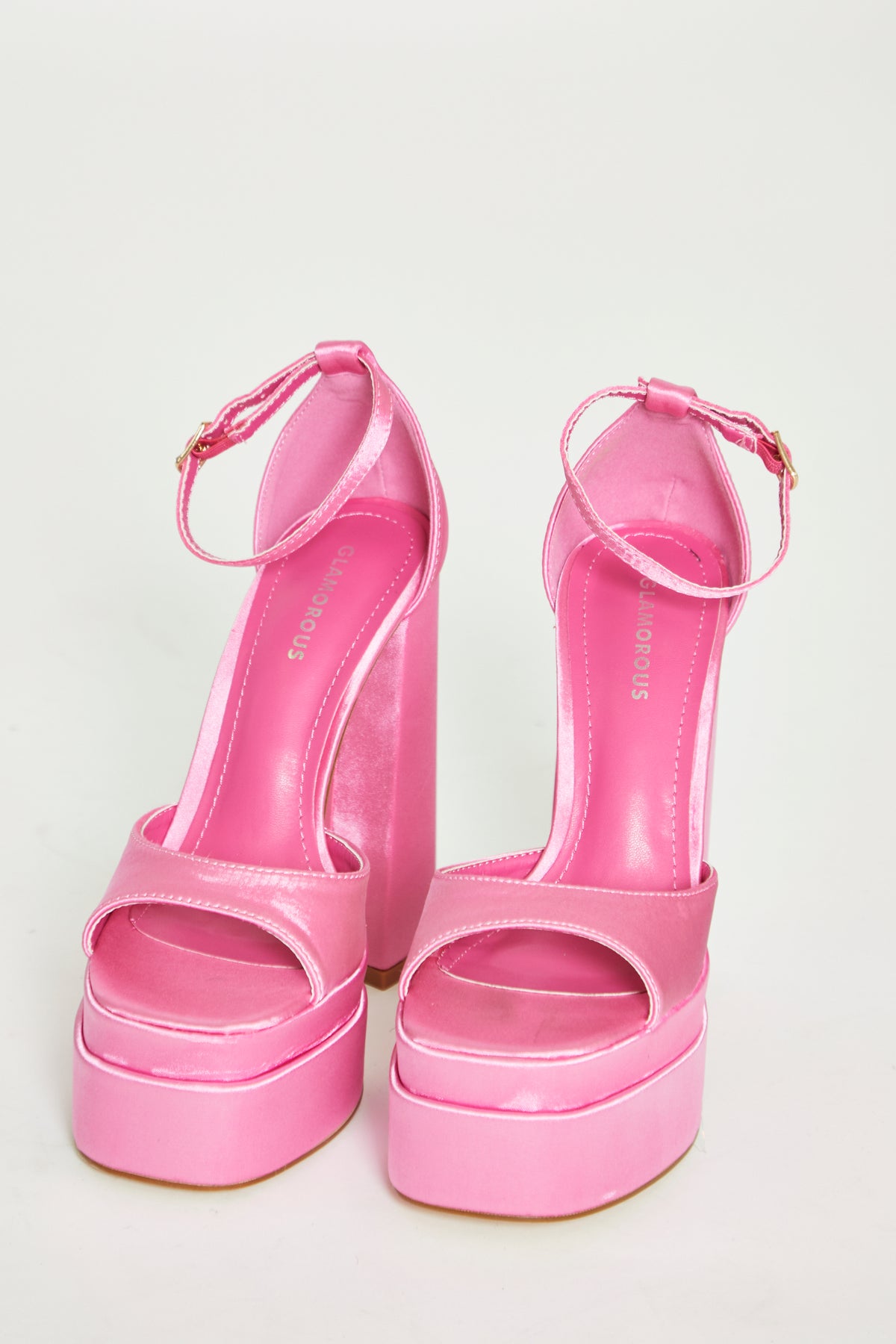 Glamorous Pink Satin Open Toe Platform Heels Glamorous
