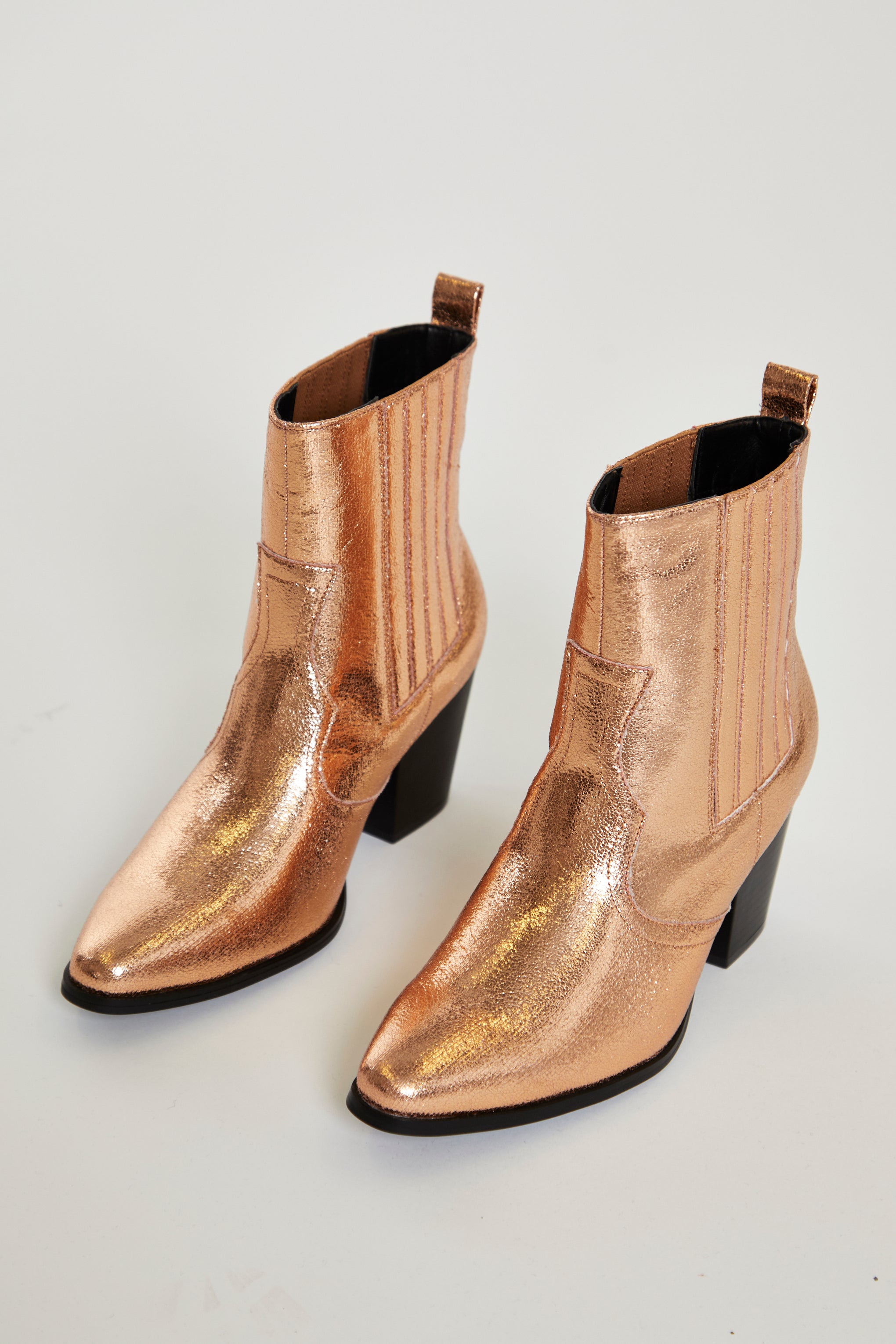 Glamorous Bronze Western Block Heel Ankle Boots