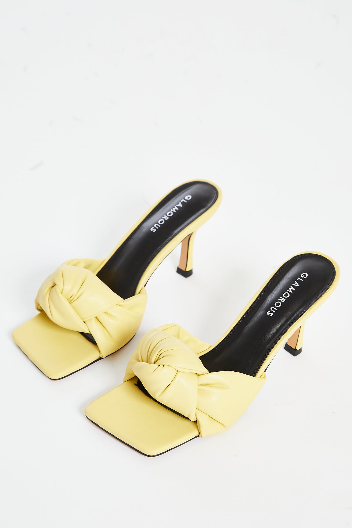 Glamorous knot front mid heel mule sandals in yellow